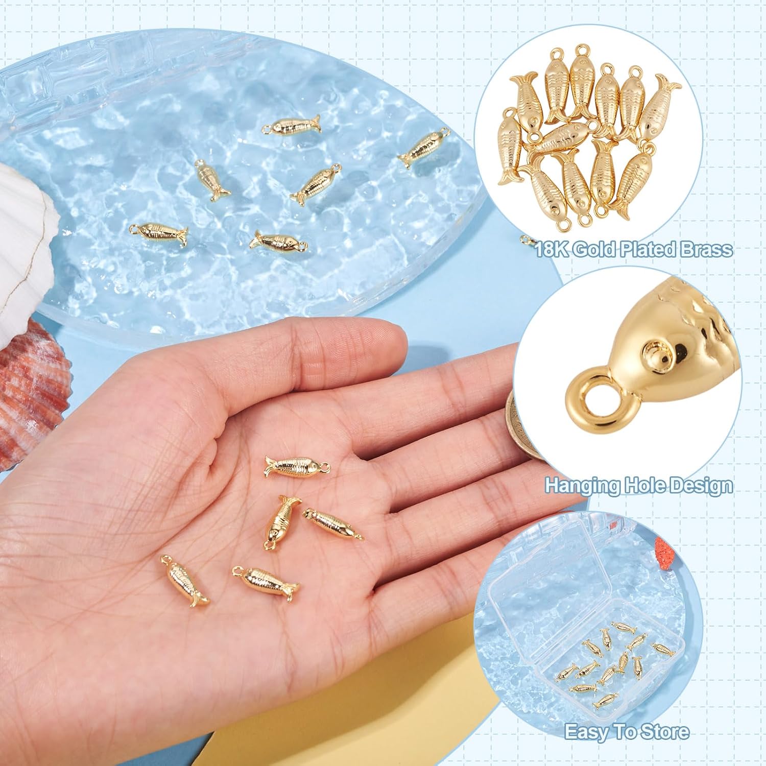 Pandahall 12Pcs Fish Charms 18K Real Gold Plated Brass 3D Cute Fish Ocean Pendants Metal Sea Animal Fish Dangle Charms for DIYCraft Necklace Earrings Keychains Jewelry Making - Image 2