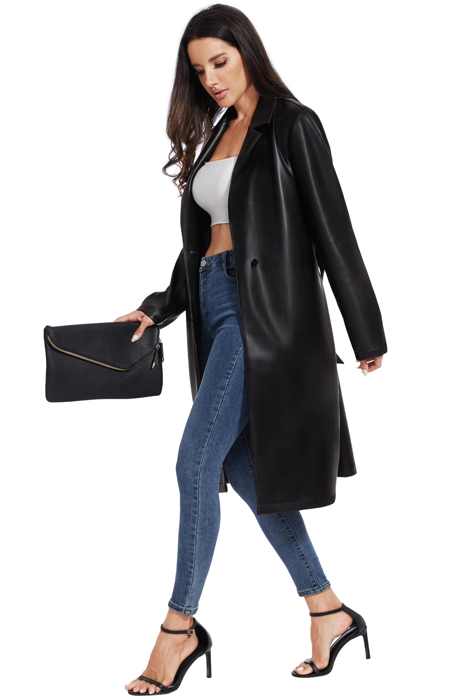 Fahsyee Damen Kunstlederjacke Trenchcoat Bikerjacke Mantel Lang Schwarz | Kunstleder PU im Bikerjacken-Stil, lang geschnitten, mit Gürtel zum Binden Knopfleiste