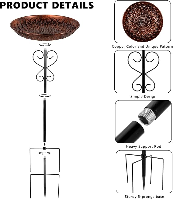 Metal Bird Baths for Outdoors, 38 H Birdbath with 11.4 Inch Bowl
