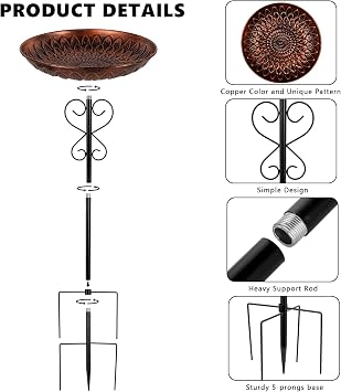 Metal Bird Baths for Outdoors, 38 H Birdbath with 11.4 Inch Bowl