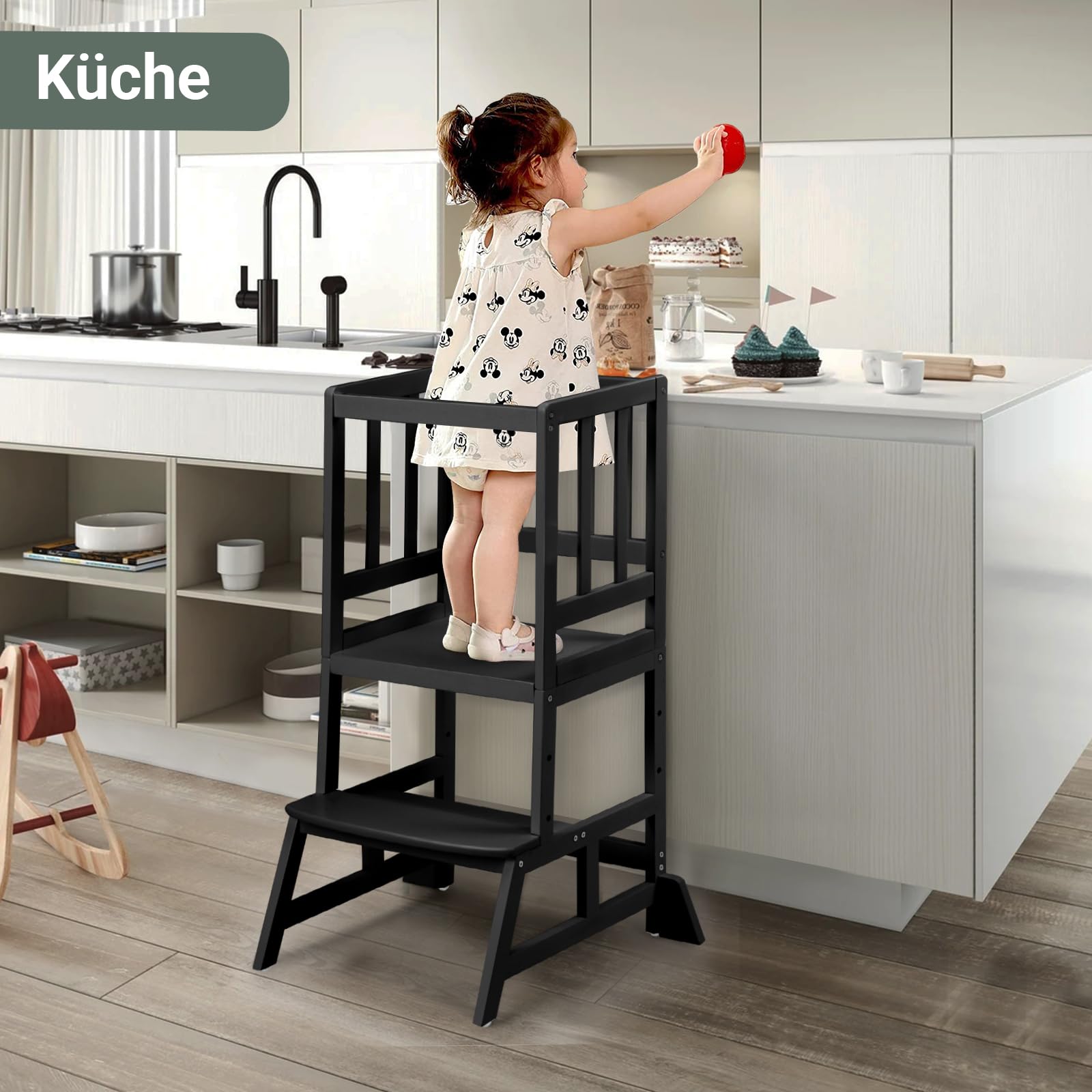 COSYLAND Montessori Lernturm ab 1 Jahr – Höhenverstellbarer Kinder Lernturm & Learning Tower für Küche, sicherer Montessori Tower mit 2 Stufen, Kippschutz & rutschfesten Matten, Klassisch Schwarz