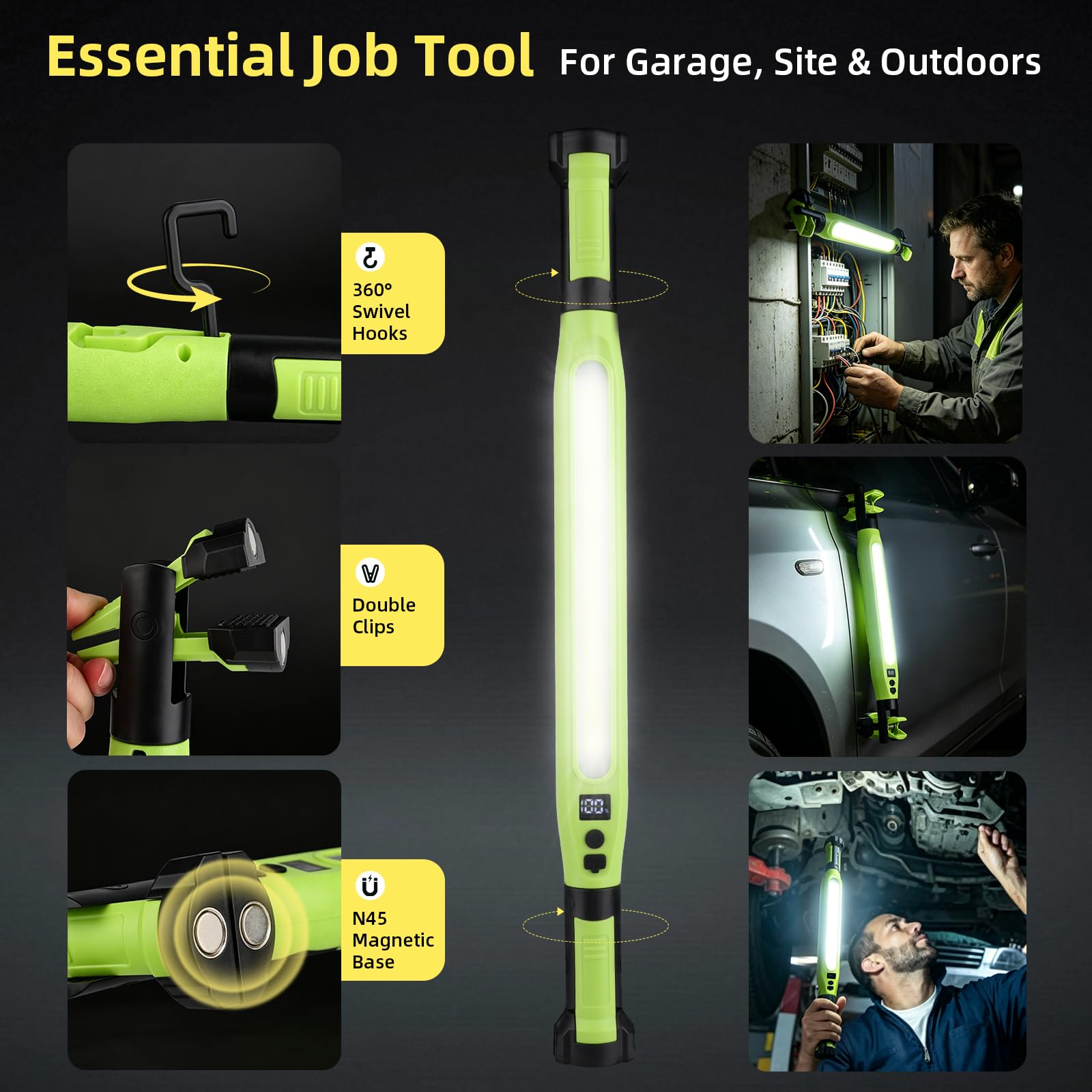 Wiederaufladbare LED-Arbeitsleuchte, 3000 lm, tragbare Mechanikerleuchte mit Magnetfuß, Haken und Klemmen, 4 Modi, Unterhaube, Arbeitsleuchte mit rotem SOS für Autoreparatur, Garage, 2 Stück
