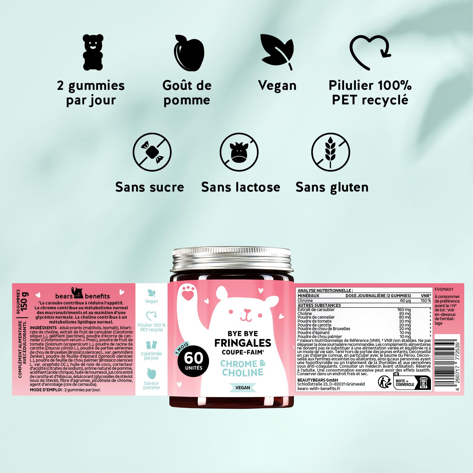 Bye Bye Fringales Coupe-Faim – Avec du Chrome et de la Choline – Pour maintenir une glycémie normale – 60 unités (1 mois) – Sans Sucres Ajoutés, Vegan – Bears with Benefits