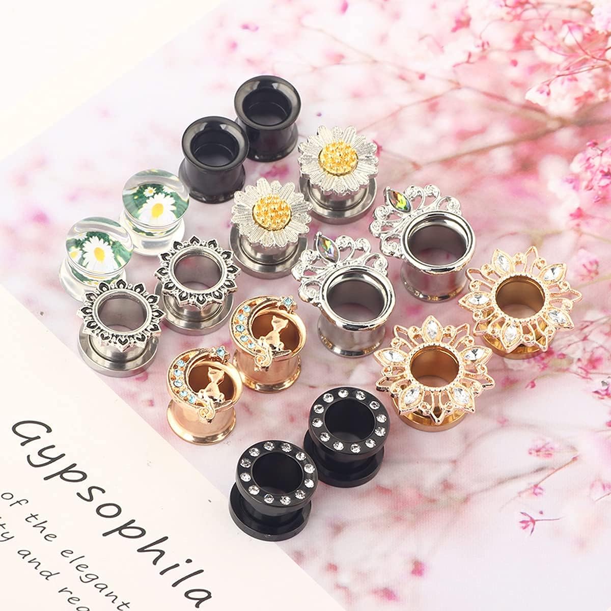 Suotarn 8 Pairs Ear Gauges For Women Black Internally Flare Earrings Plugs Gauges For Ear Stainless Steel Plug Tunnel Piercing Stretcher Kit 00g 0g-5/8'' inch - Image 2