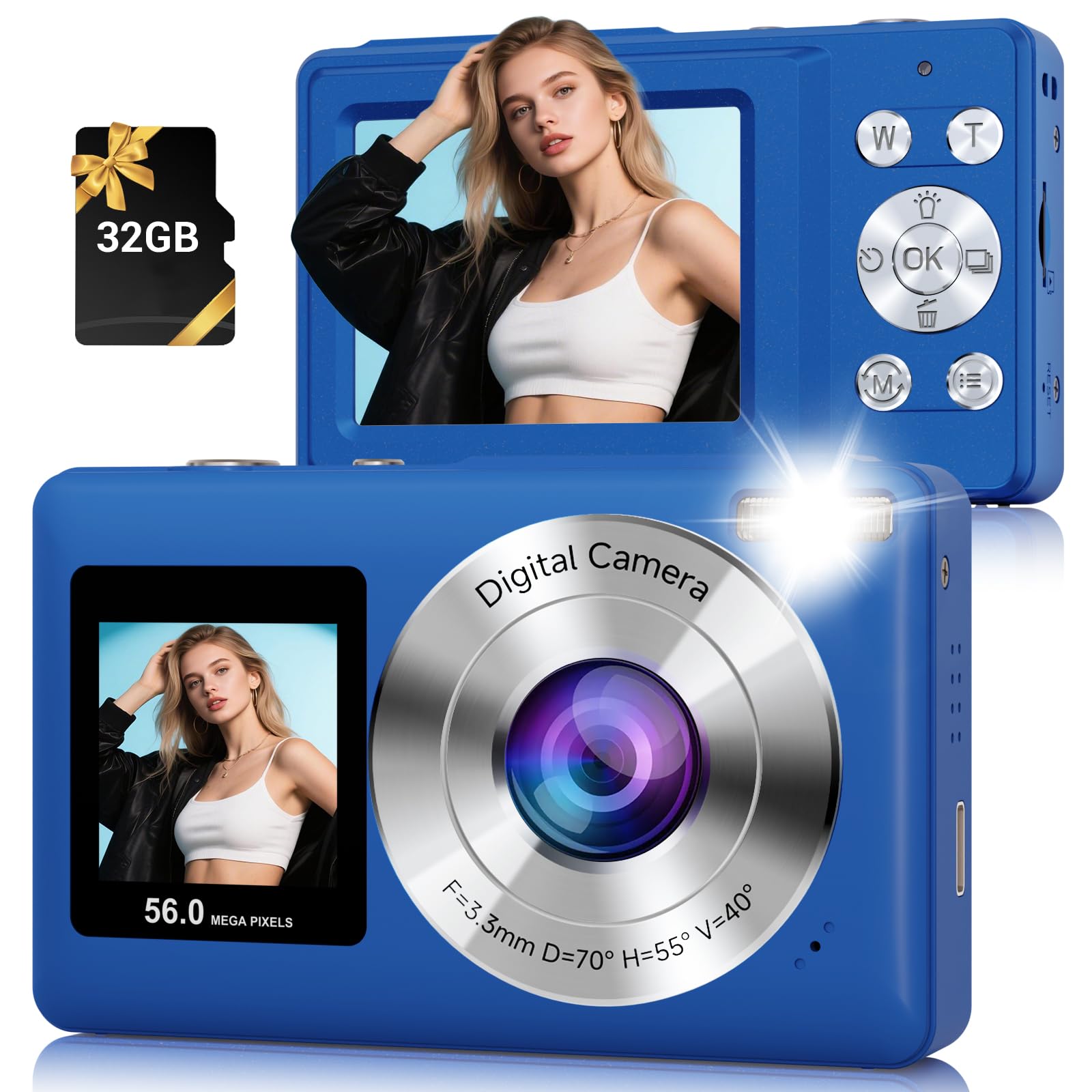 Digital Camera, 56MP Point and Shoot Camera with 32GB Card for Kids Teens