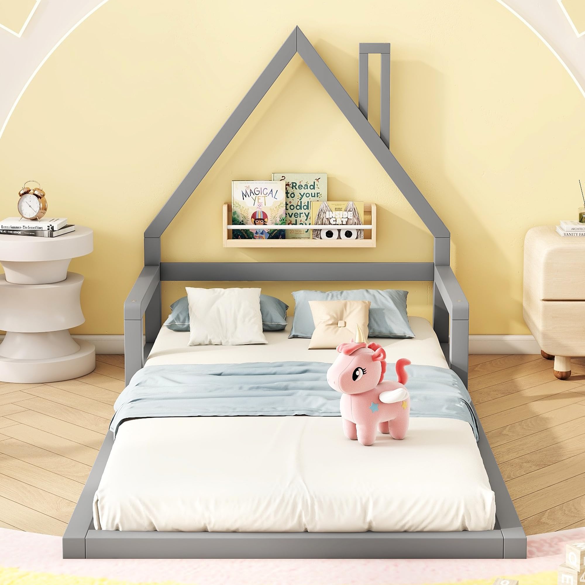 OKMYHOME Łóżko dziecięce 90x200 cm - Łóżko jednoosobowe z litego drewna sosnowego i MDF, klasyczny i solidny design, bez materaca, szare