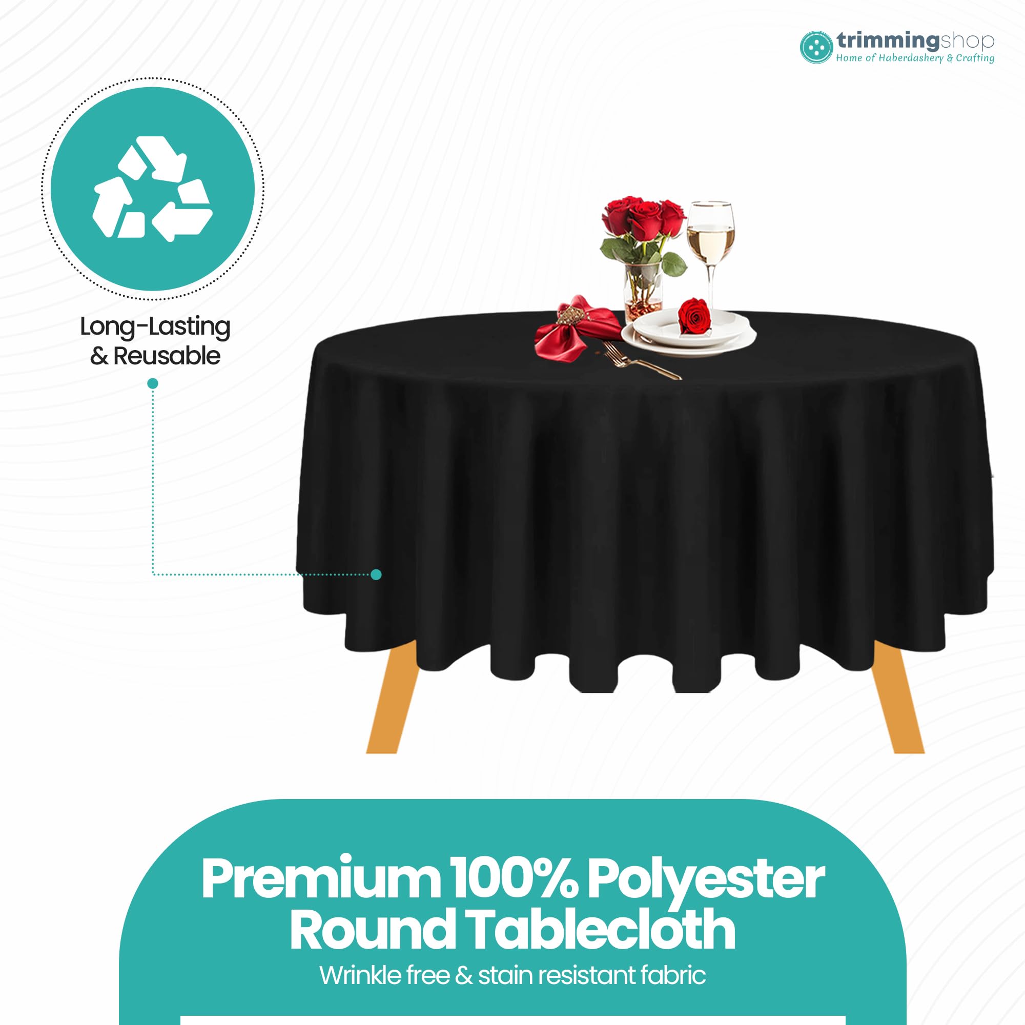 Trimming Shop Mantel Redondo de poliéster Negro, Mantel de Lino de de 120 Pulgadas, Mantel de Tela Lavable para Bodas, Mesa de Comedor, 5 Piezas