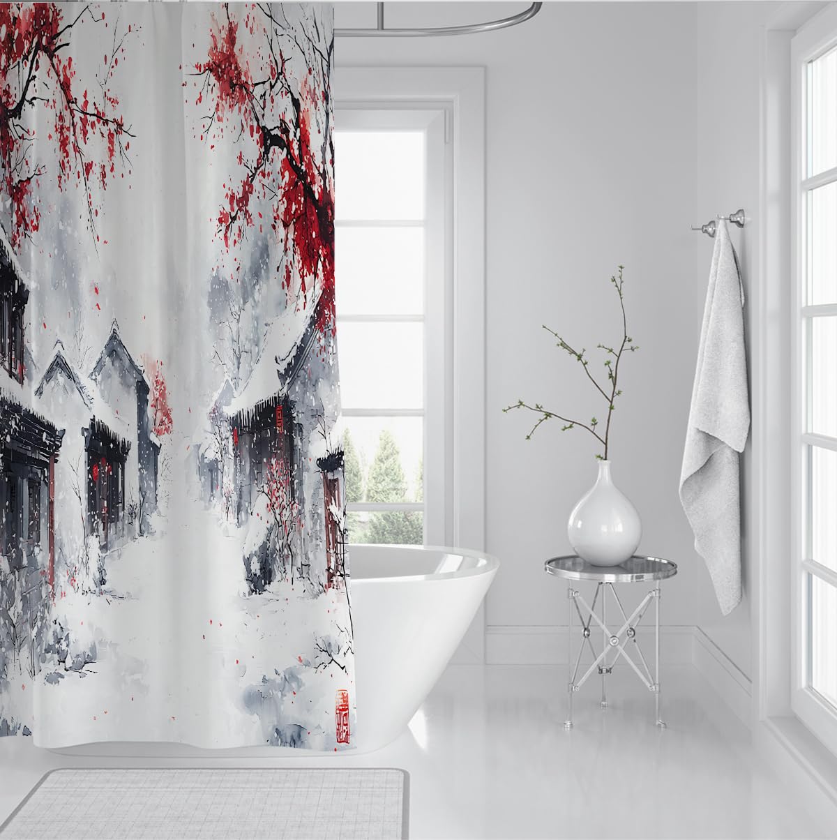Chinesische Tusche Winter Schnee Duschvorhang W150xL200 cm