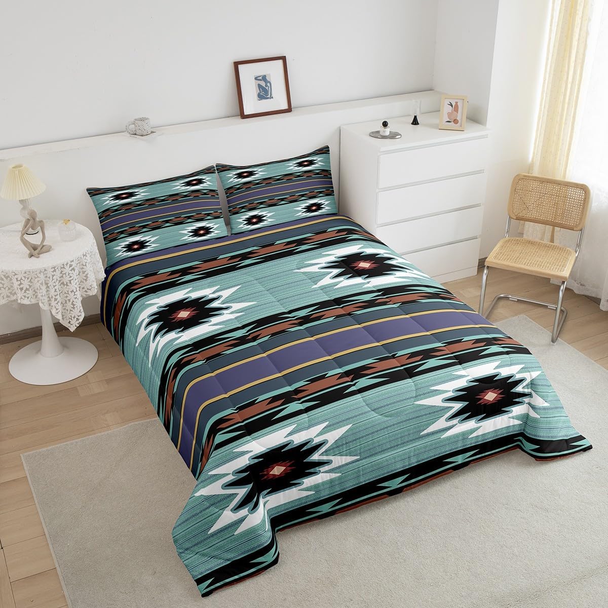 Feelyou Western Decor Bedding Set Southwestern Comforter Set for Kids Boys Girls Teens Bedroom Decor Cowboy Aztec Down Comforter Twin Size Turquoise Blue Native Indian Tribal Navajo Quilt Set 2Pcs