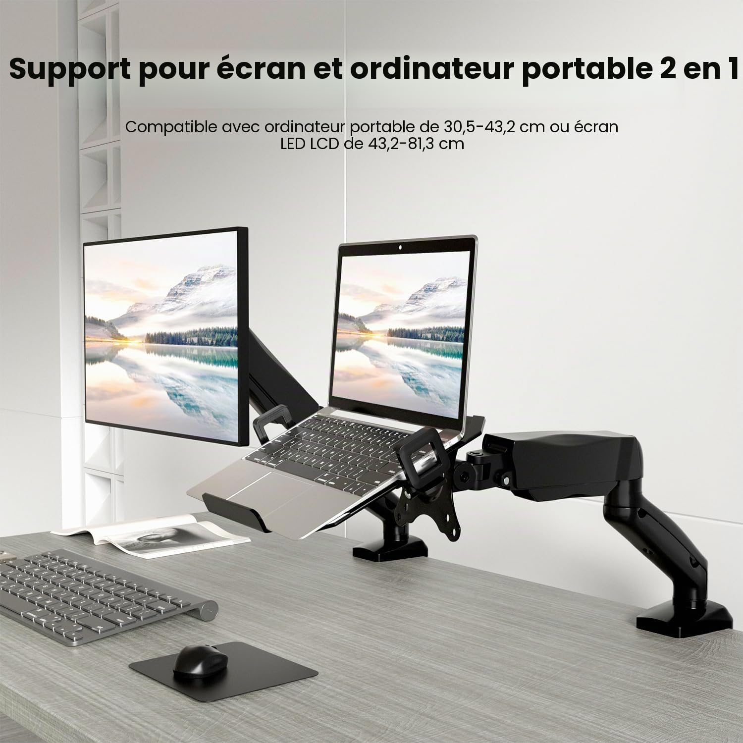 PUTORSEN Bras de Moniteur pour écran LCD LED 17-32" et Ordinateur Portable 17", réglable, 2 Fixations