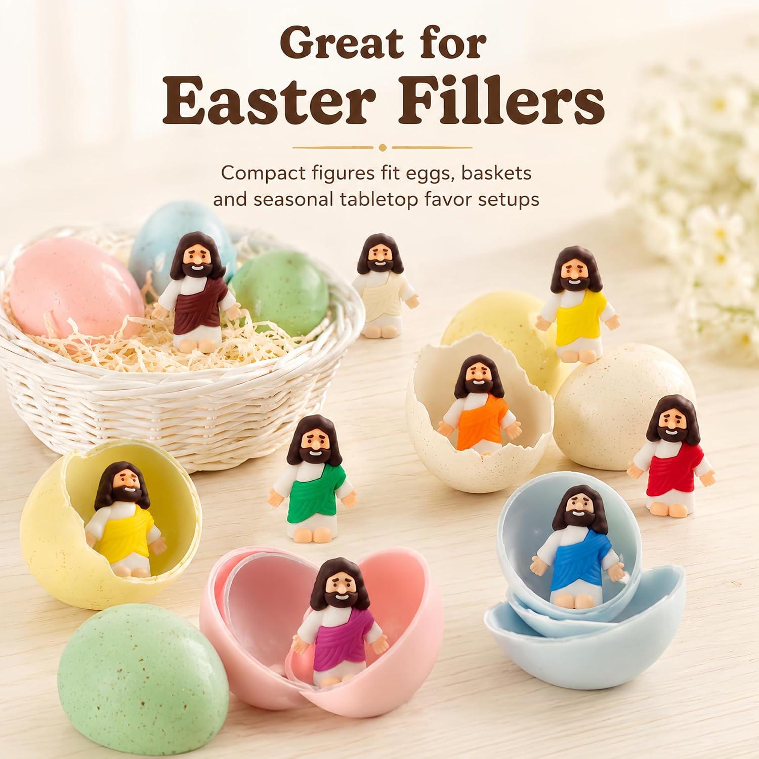 80 PCS Small Jesus Figures Mini, Little Jesus Figures in 10 Colors with White Robe and Color Sash, for Easter Egg Stuffers, Baptism, Sunday School, Church Party Favors, Compact Size image 5