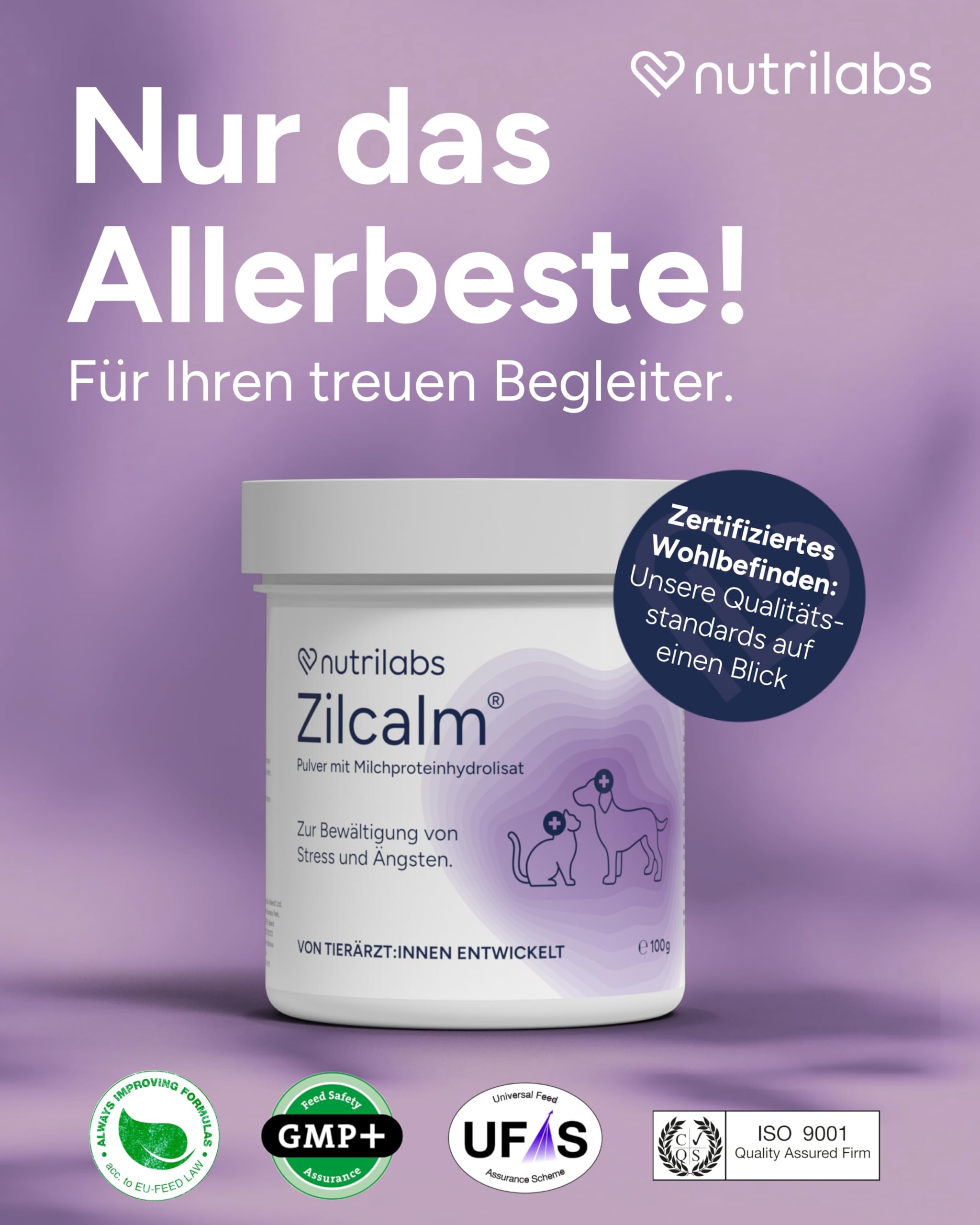 NutriLabs Zilcalm Beruhigungspulver für Katzen & Hunde - 100g - Mit Milchprotein, Ashwagandha, Probiotika, L-Tryptophan uvm. - Beruhigungsprodukte für Haustiere - Nahrungsergänzungsmittel Katze & Hund