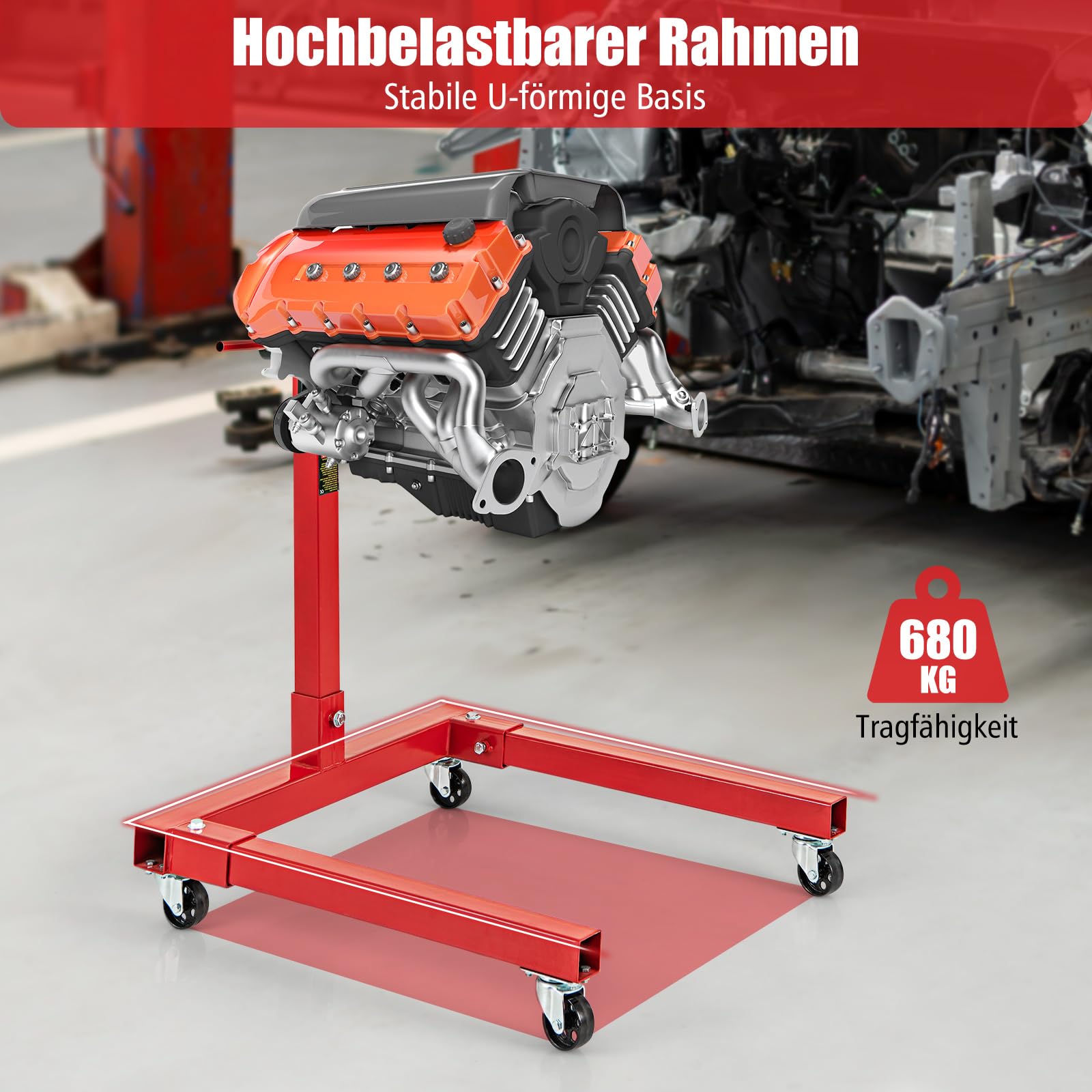 GYMAX Soporte de Motor de 3/4 Toneladas de Capacidad con Cabezal Giratorio de 360°, 4 Brazos Ajustables, 4 Ruedas Universales, Resistente para Taller de Reparación de Automóviles, Garaje, Rojo
