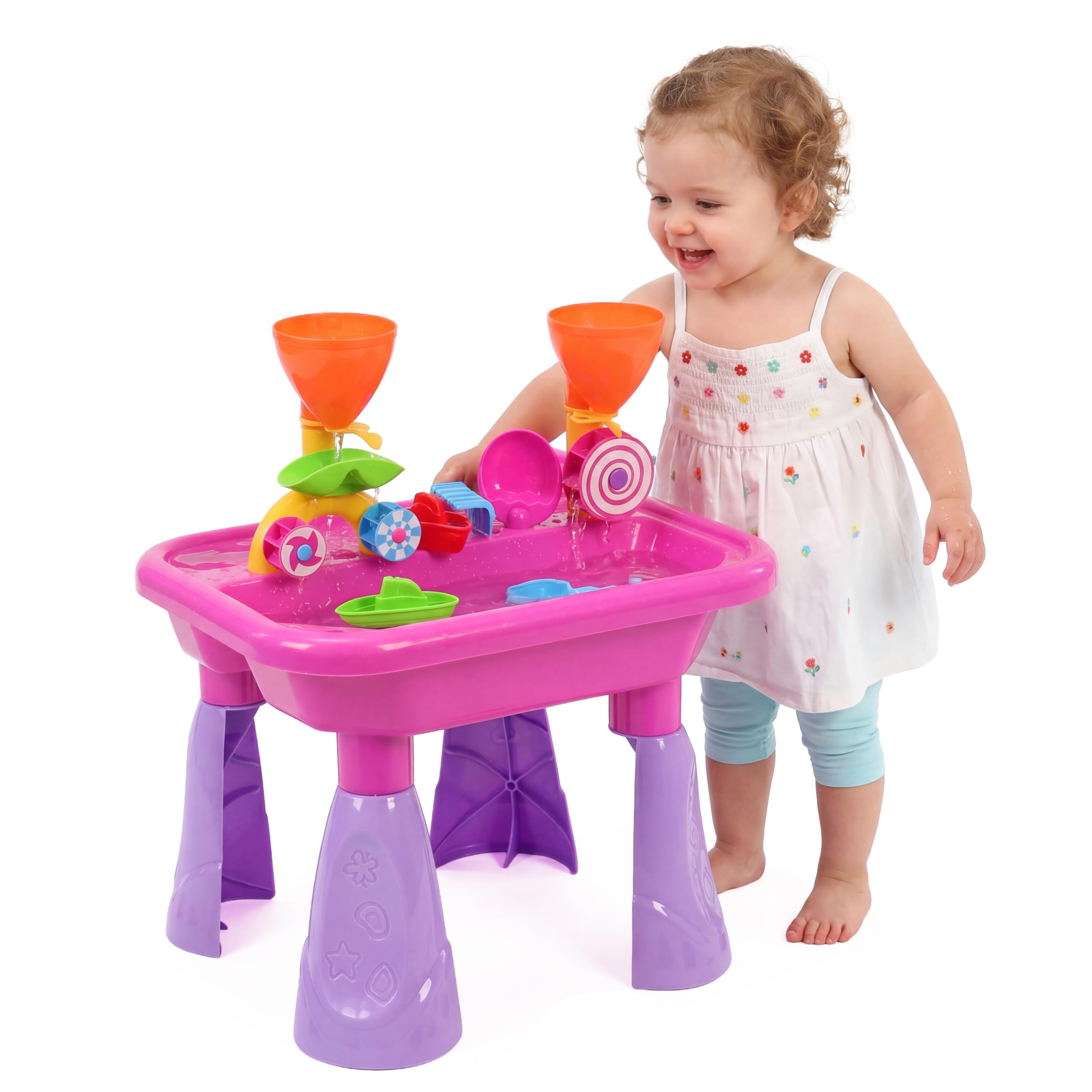 The Magic Toy Shop Sand and Water Table, 23-Piece Set, Pink – Includes Watering Can & Accessories, Two Compartments & Drainage – Kids Outdoor Play Equipment for Messy Sandpit Play