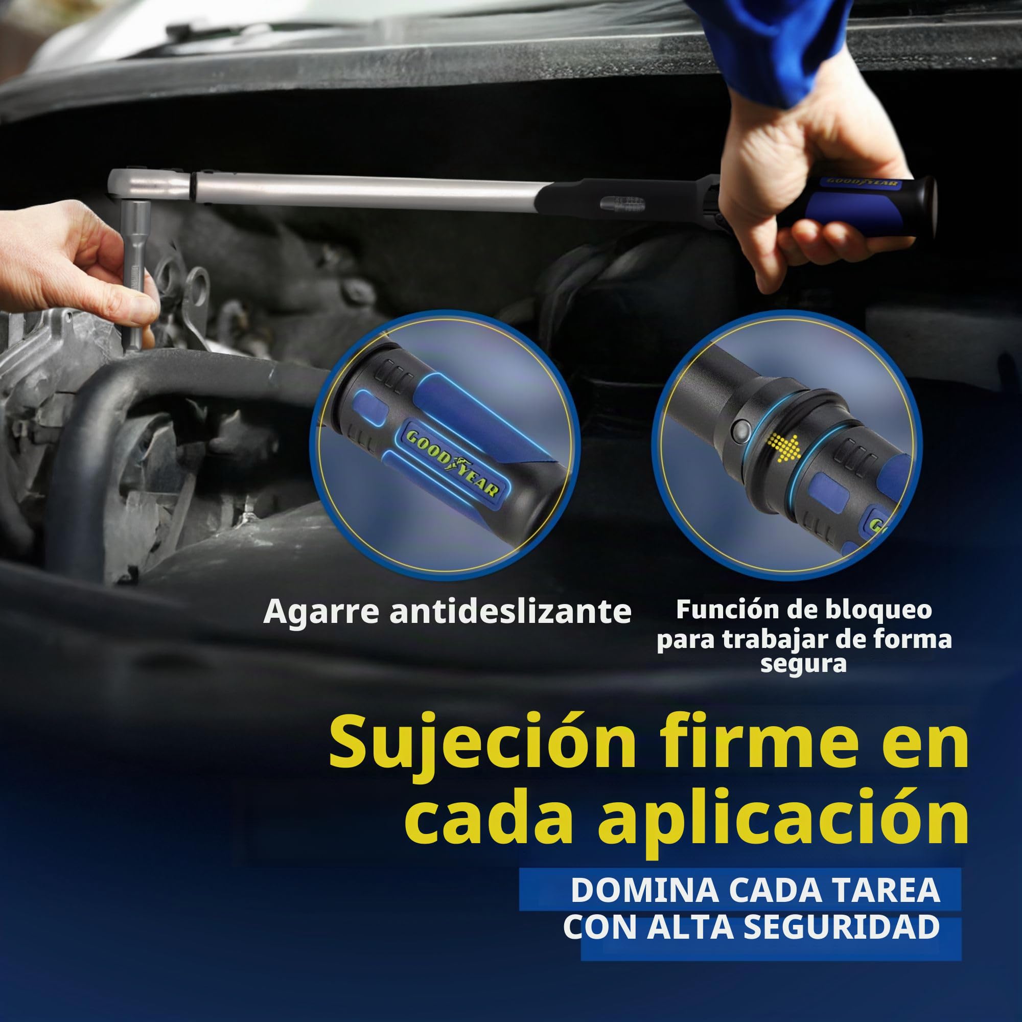 Goodyear Llave dinamométrica de primera calidad, ajustable de 42 a 210 Nm, accionamiento cuadrado de 1/2", incluye extensión y casquillos de 17 mm y 19 mm