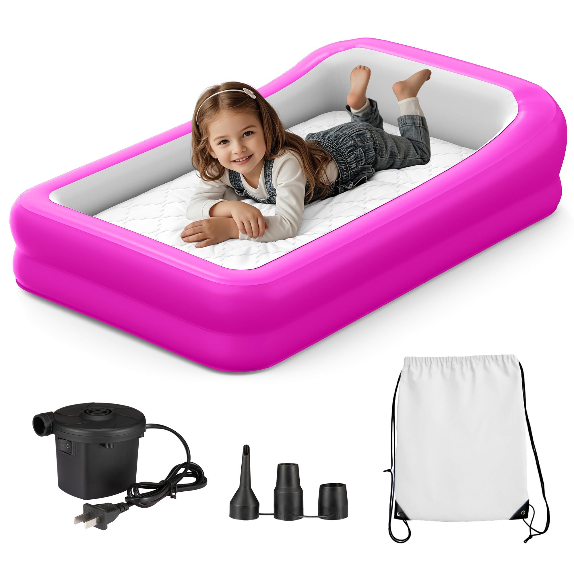 GloTika Inflatable Toddler Travel Bed, Portable Kids Air Mattress with Soft Bed Sheet, Toddler Air Mattress with Surround Safety Bumpers, Ideal for Home Use or Travel, Includes Pump and Carry Bag,Pink