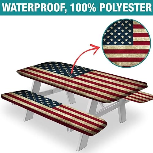 Miniatura 4 de Mantel rectangular de poliéster para el 4 de julio, con bordes elásticos retro de bandera americana, para cenas y patio al aire libre, para mesa de