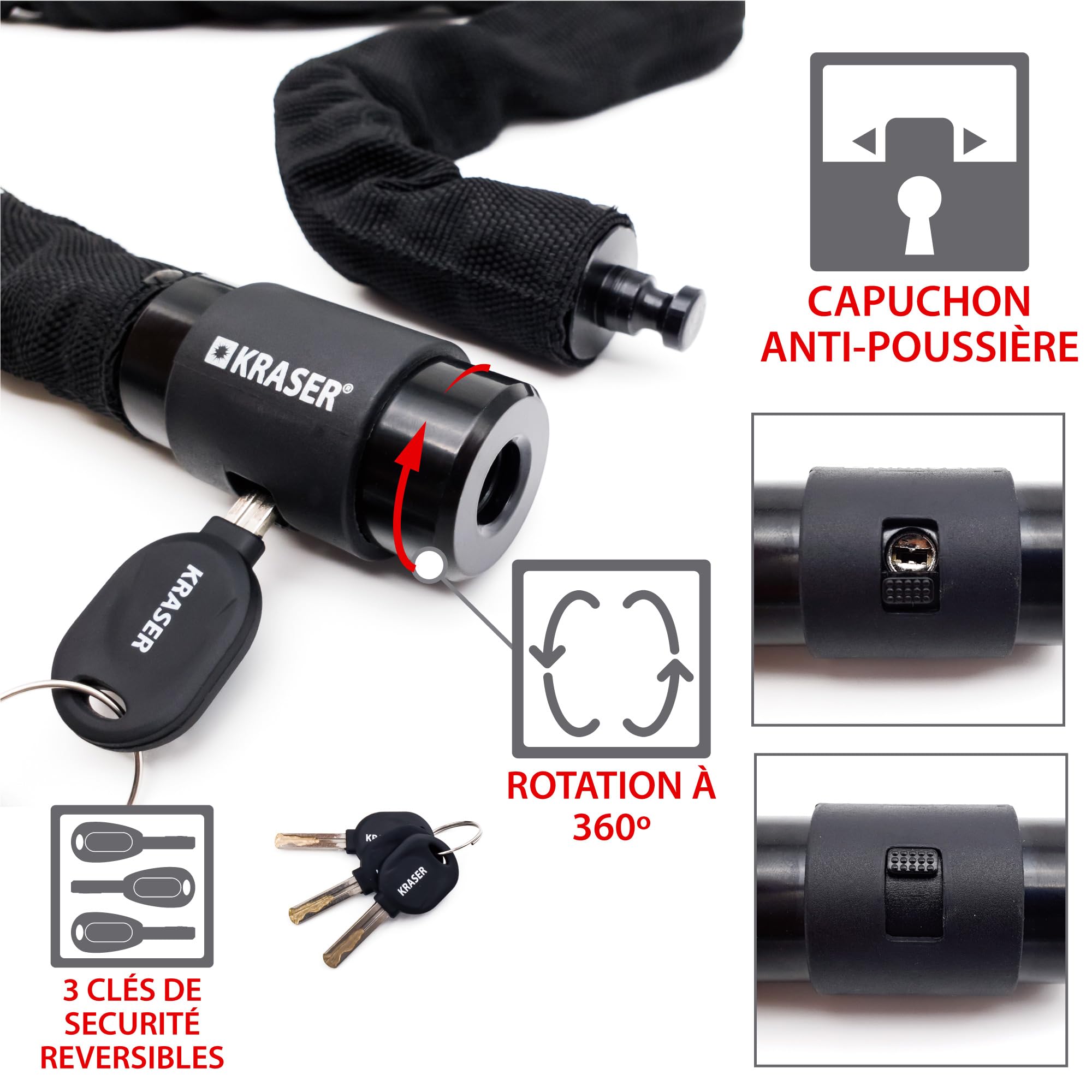 KRASER KR620 Chaine Antivol Velo Maillons en Acier ø6mm, 120cm, Serrure de Sécurité et Capuchon, Chaine Légère, Antivol Moto, Verrouillage Roue, Blocage Universel Scooter, Vélo Électrique, Trottinette
