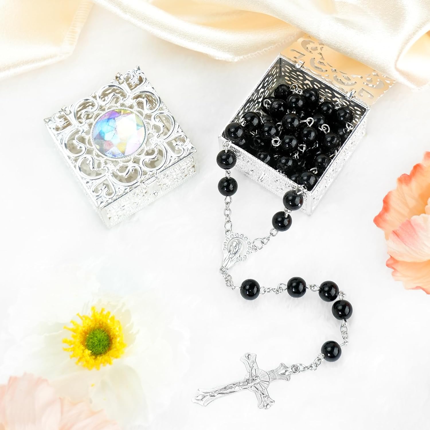 8mm Rosary Beads Necklace, Rosary Beads Catholic for Men and Women Comes in a Metal Gift Box, First Communion Rosary Necklace as Gifts(Black) - Image 4