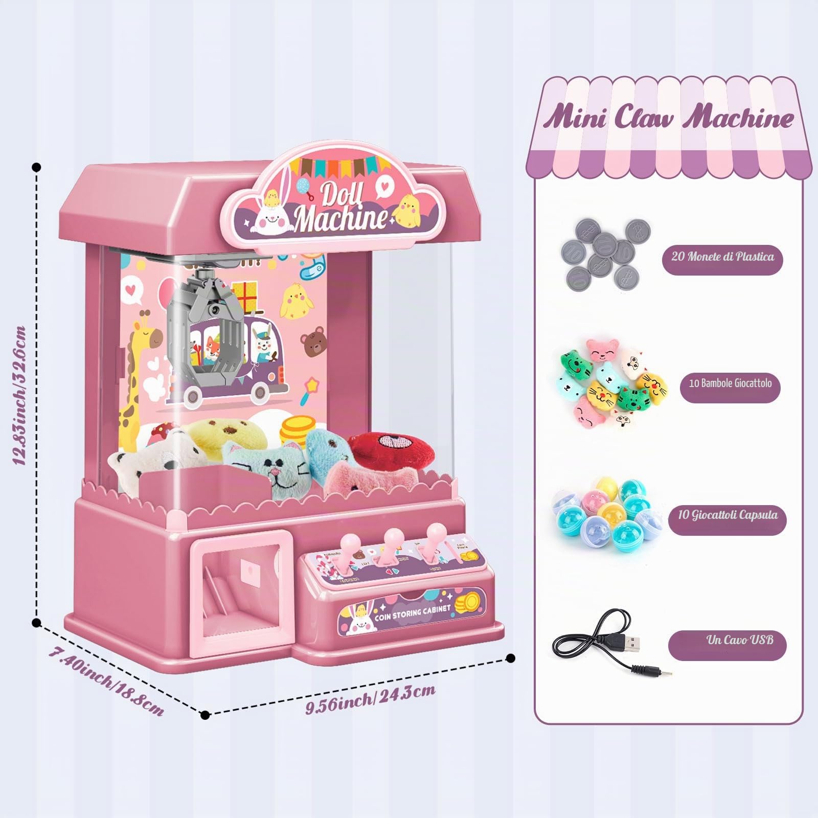 Mini Macchina per Artigli Grabber Caramelle Machine con 10 Bambole 10 Palline 20 Valuta di Gioco,elettrica luci e Suoni interattivi Claw Machine