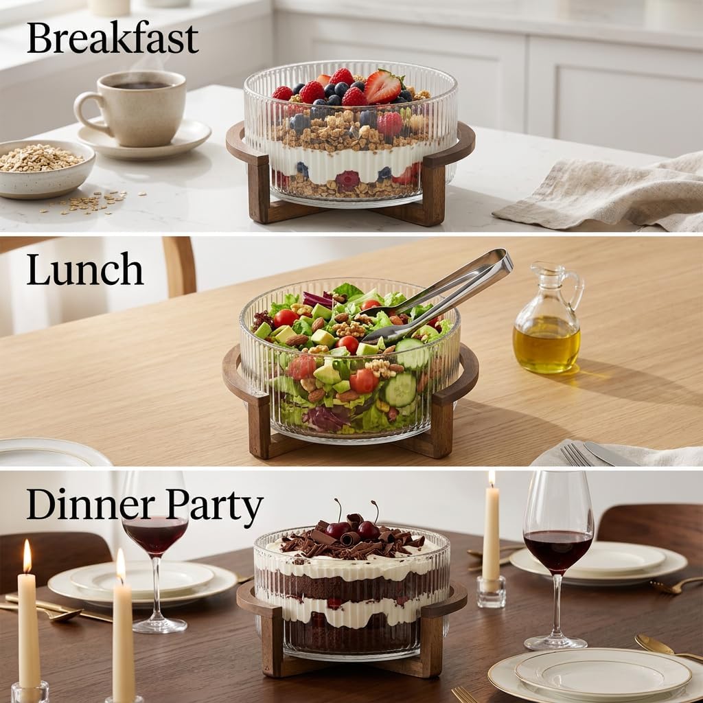 4.5 Qt Glass Trifle Bowl with Pedestal, Ribbed Salad Bowl and Fruit Bowl