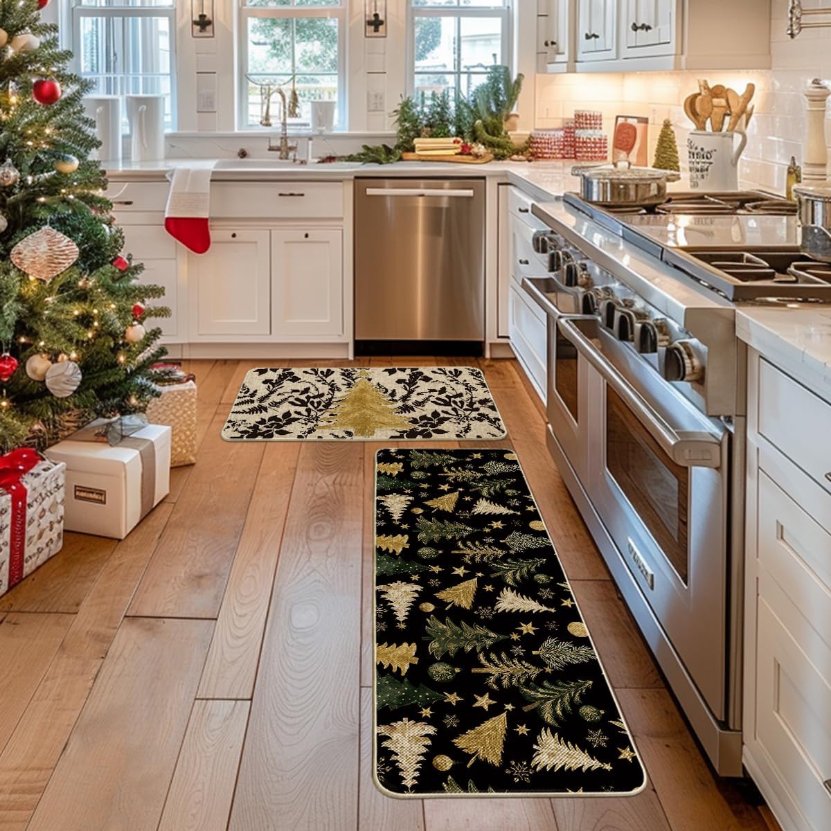 Artoid Mode Golden Xmas Tree Ornament Christmas Kitchen Mats Set of 2, Winter Low-Profile Home Decor Kitchen Rugs for Floor - 17x29 and 17x47 Inch