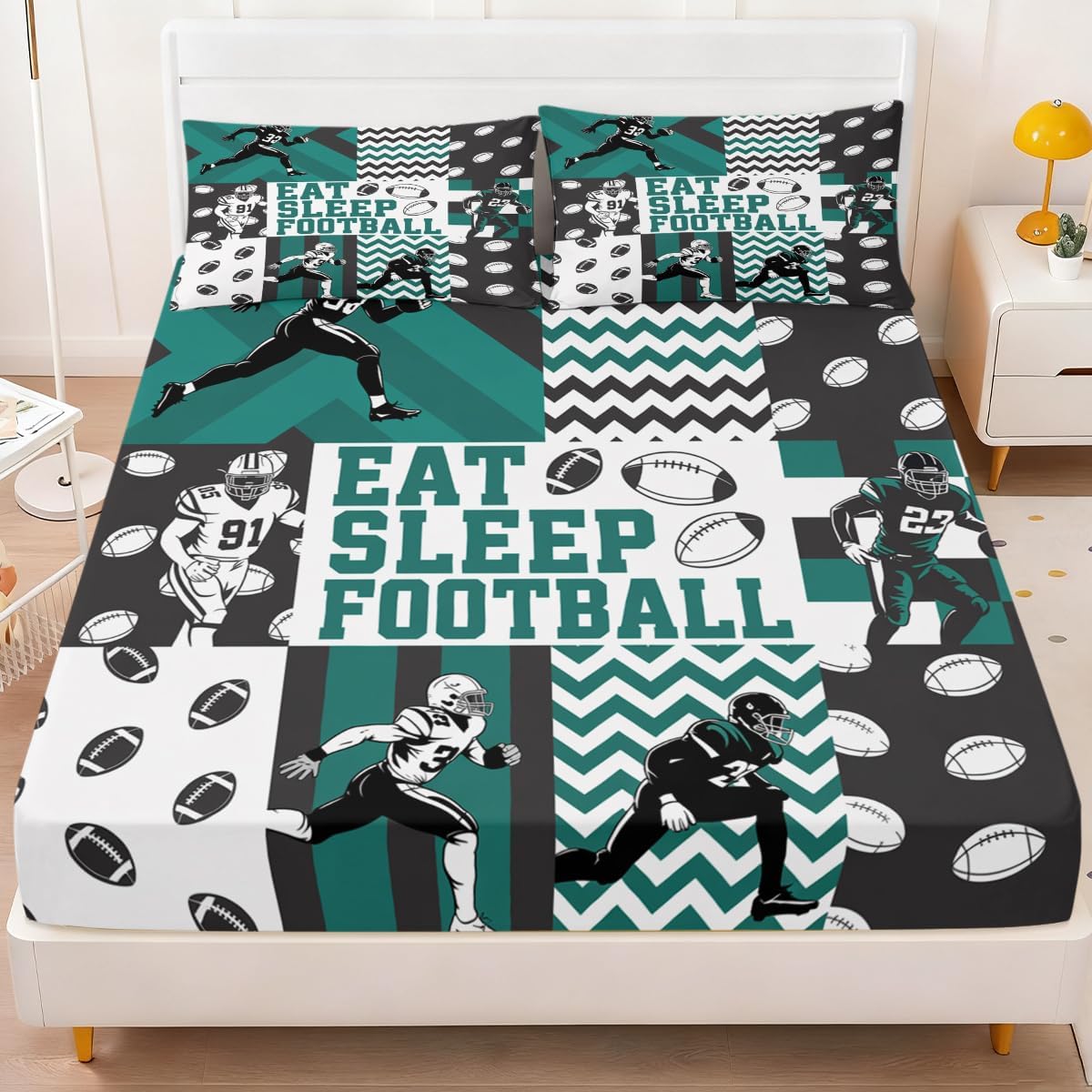 Football Bed Set 3-Piece Wrinkle-Free Soft Microfiber Eat Sleep Football Bedding California King Sports Themed Bedroom Decor for Boys 1 Fitted Sheet and 2 Pillowcases(Without Flat Sheet)