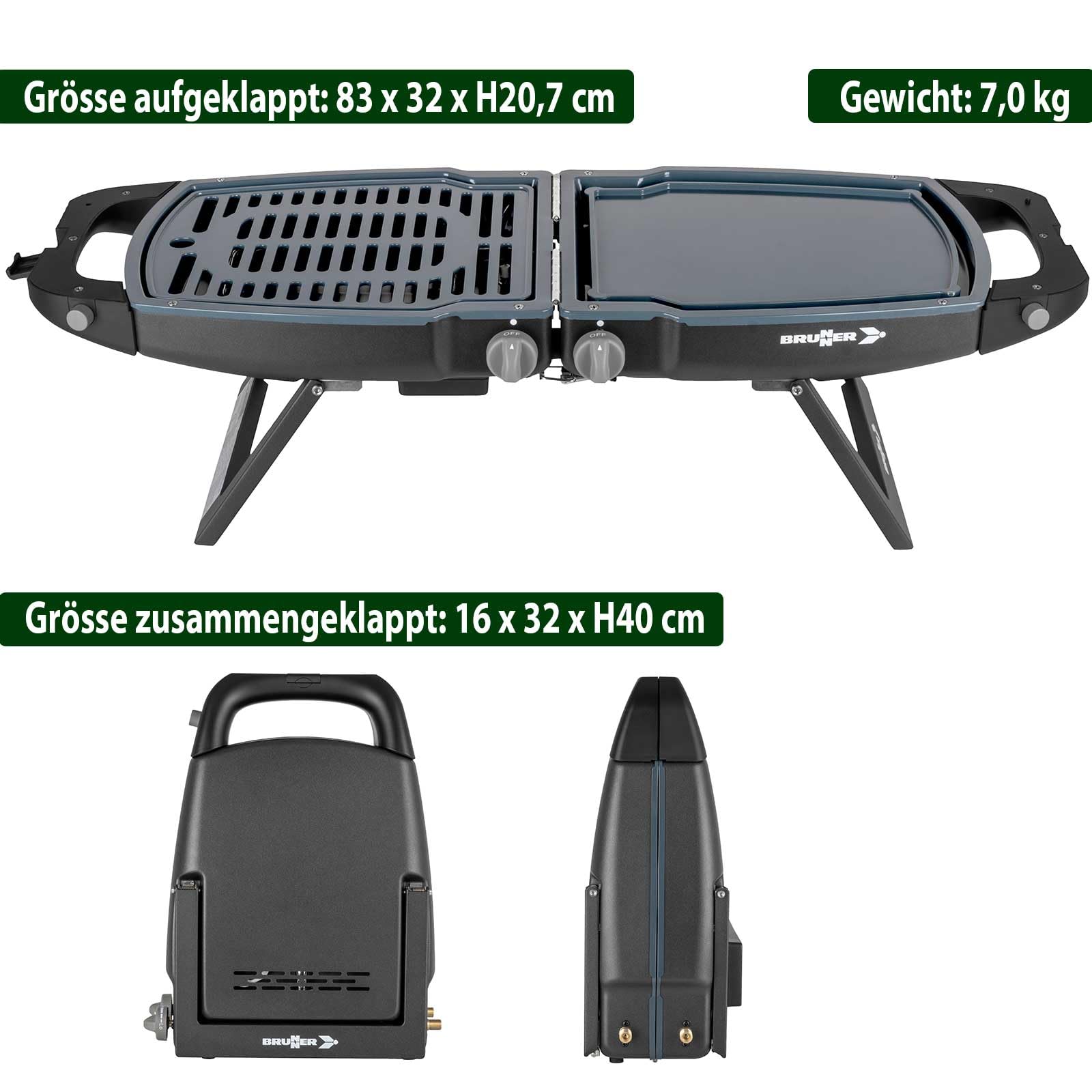 BRUNNER MARIPOSA Camping-Grill, kompakter klappbarer Tischgrill mit 2x Grillplatte, für 2-4 Personen, Gasgrill für Wohnmobil, Wohnwagen, Zelt, Garten oder Balkon mit passendem Gasregler+Gasschlauch 2m
