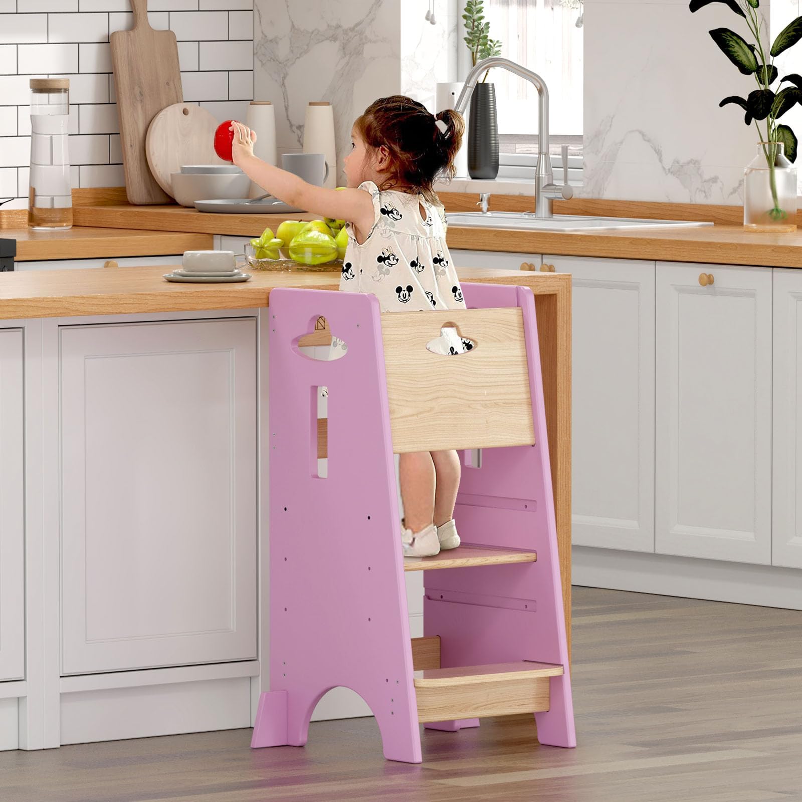 COSYLAND Toddler Standing Tower Adjustable Height - Super Stable Kids Kitchen Stool Helper - 3 Levels Adjustable Wooden Toddler Kitchen Stool (Natural & Pink)