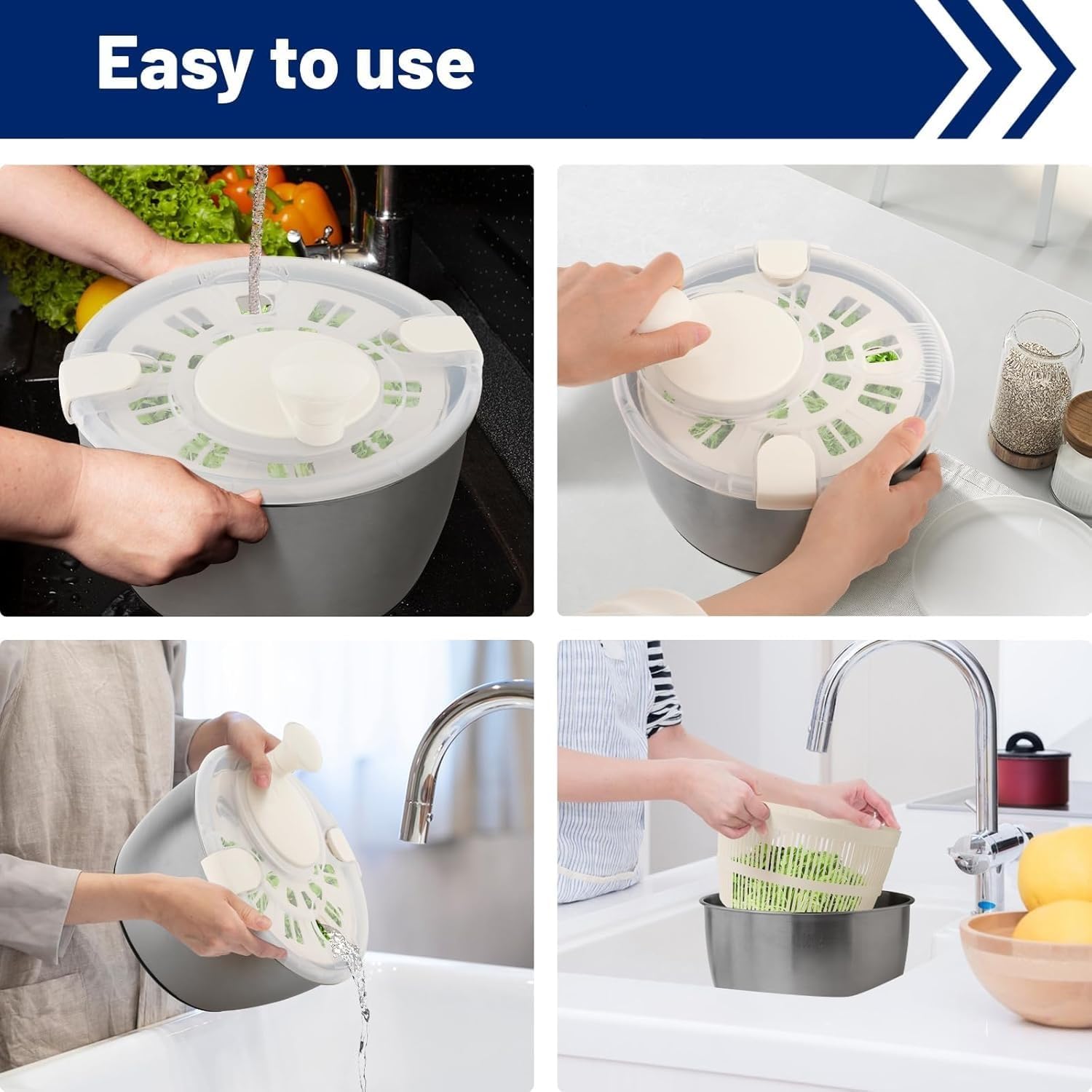 Salatschleuder, 5 l, groß, Mehrzweck-Salatschleuder mit Abfluss, manueller Salatreiniger, Gemüseschleuder, Obstwascher