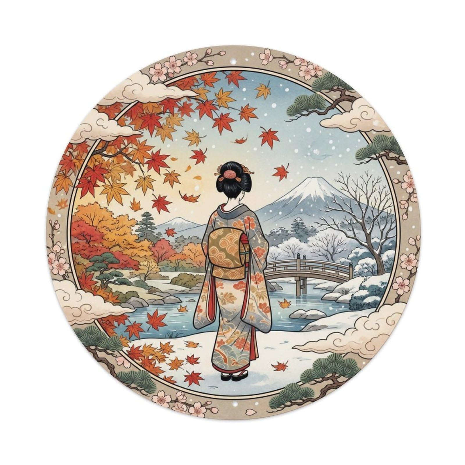 Galvaxio Style Japanese Kimono Woman Viewing Autumn Maple Leaves Metal Tin Sign