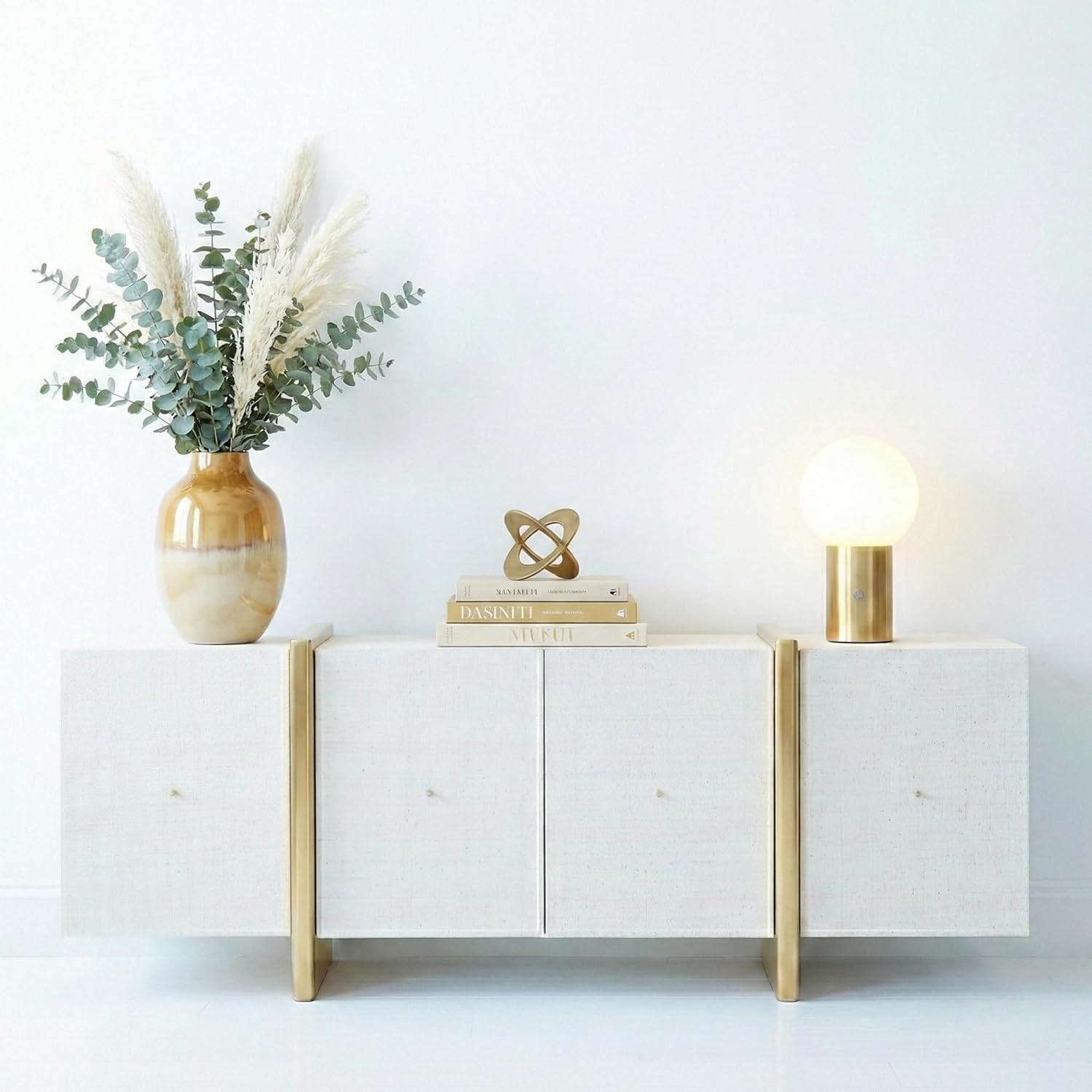 Brightech Kai LED Table Lamp with USB Port - Small Bedside Reading Modern Desk Lamp, Nightstand Light with Ambient Lighting for Bedroom, Living Room, Office - Modern Globe Lamp Shade, Brass Finish