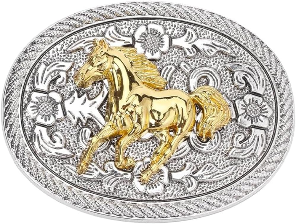 Running Horse Belt Buckle Alloy Cowboy Oval Belt Fastener Two Tone Platinum Golden Finish 3.62 × 2.78 Inch Interchangeable Buckle Western Style Engraved Horse Design for Men Women