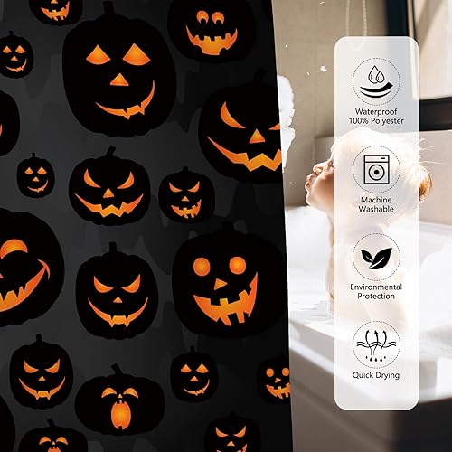 Miniatura 7 de MEHOFOND Cortina de ducha de calabaza de Halloween, cortina de ducha de calabaza malvada, cortinas de ducha de otoño negras para decoración de baño,