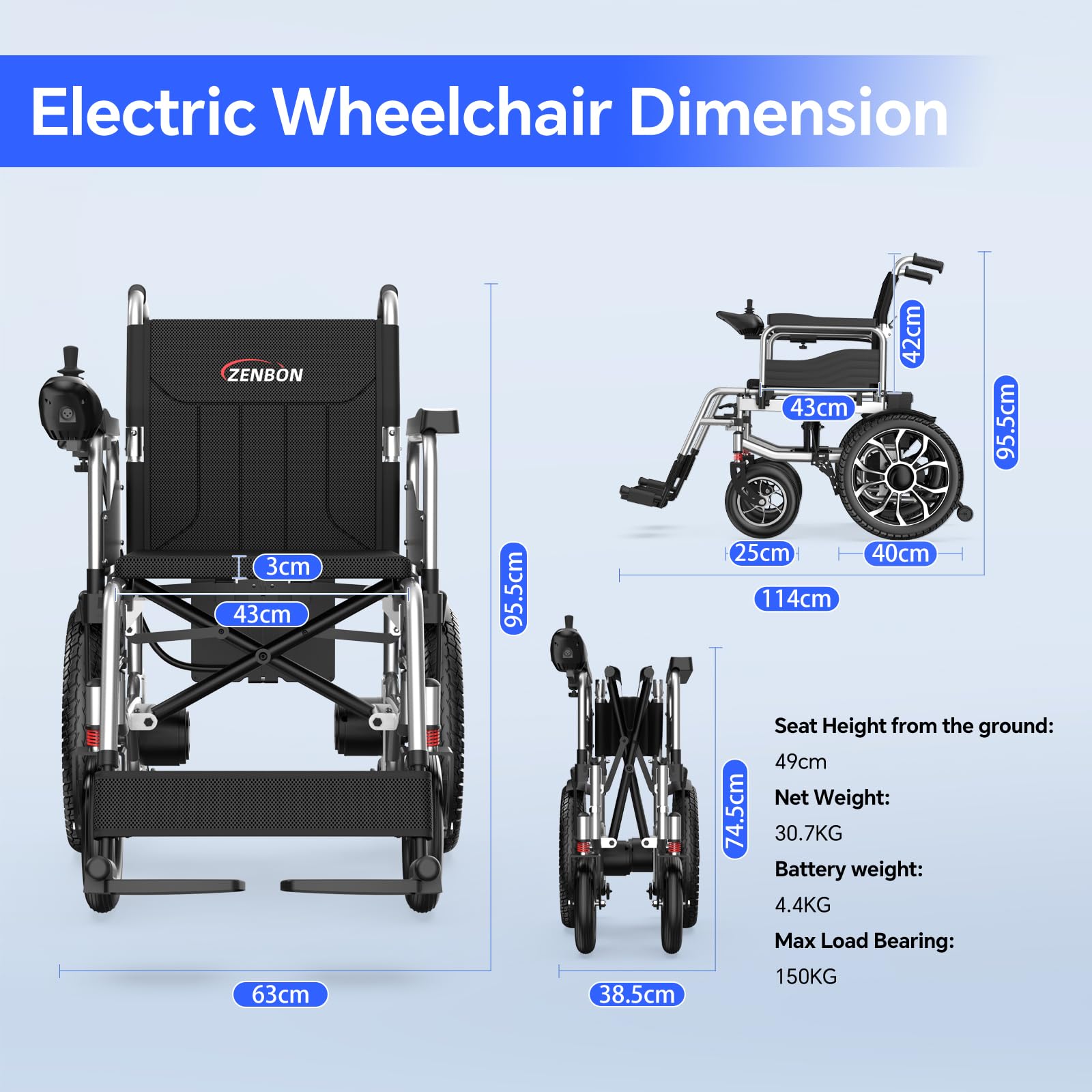 Silla de Ruedas Eléctrica Plegable: 30 km Silla de Ruedas Eléctrica Plegable Ligera para Personas Mayores - Silla de Ruedas Eléctrica para Exteriores con Neumáticos de Gran Formato Hasta 150KG
