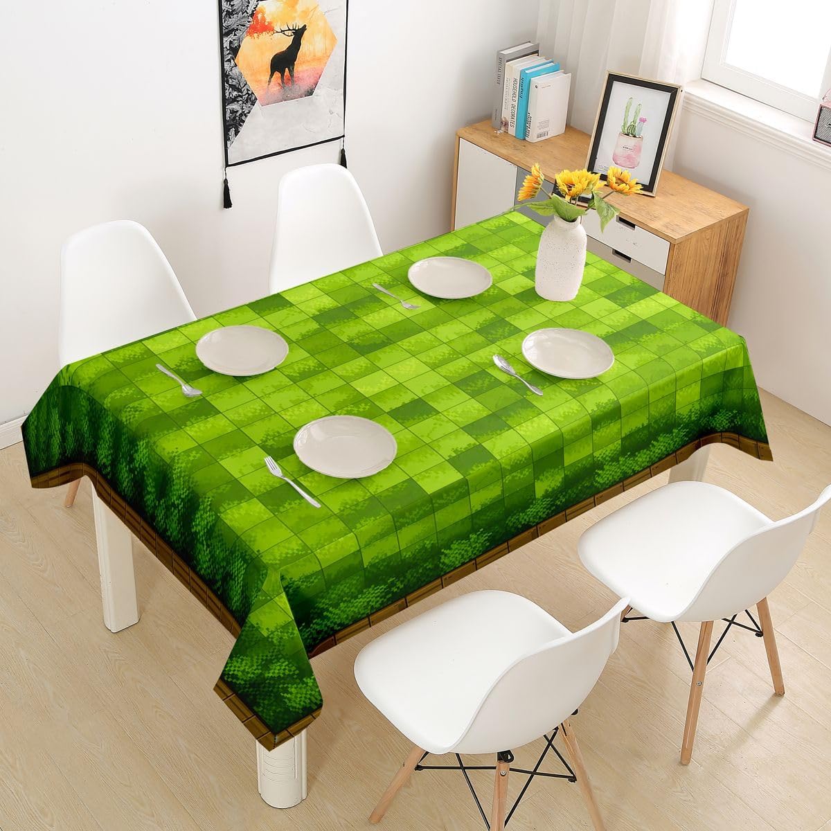 Castle Fairy Pixel Grass Land Tablecloths,Video Gamer Table Cloth,Pixelated Block Table Accessories for Kitchen Dining Room Decor,Retro Gaming Dining-Table Cover,55" Round