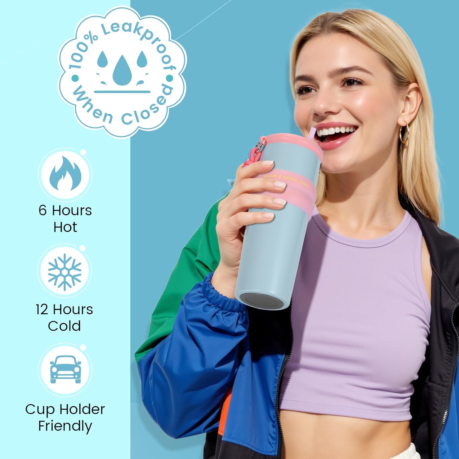 24 oz Stainless Steel Tumbler with Straw, Water Bottle Leak Proof for Hot and Cold, Insulated Coffee Travel Mug, Ceramic Lined Tumbler, Reusable Thermal Coffee Cup Gift for Women (Blue)