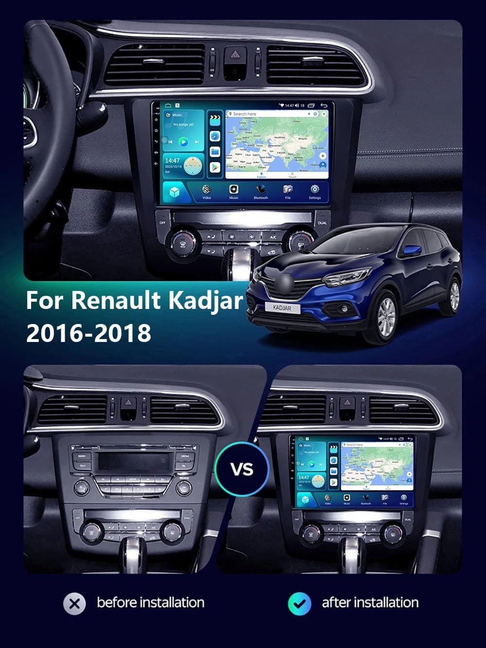 Wyświetlacz Carplay dla Renault Kadjar 2016-2018 Z Bluetooth/Fm/Aux; Obsługa Mirror Link Nawigacji Gps Sterowania Głosowego, 8 Rdzeń 4G+64G