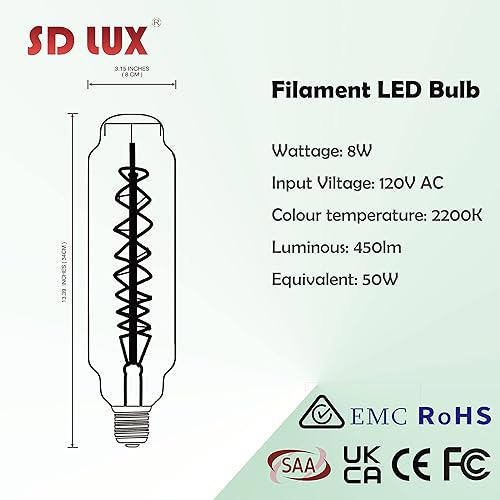 Miniatura 2 de SD LUX Bombilla LED gigante vintage de gran tamaño, bombilla Edison enorme, regulable, 8 W 450 lm (equivalente a 50 W), blanco cálido 2200 K, base