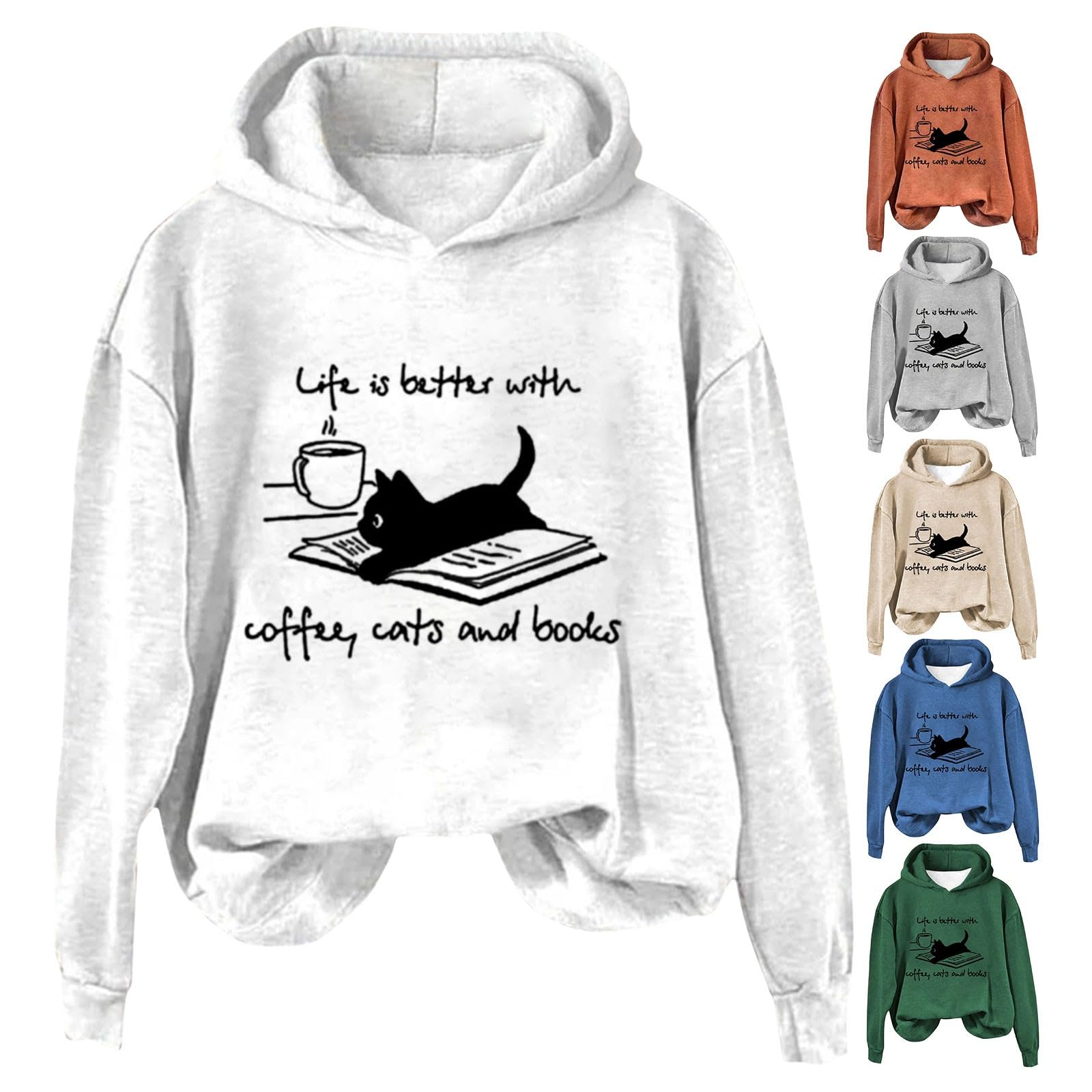 Hoodies For Womens Fashion Sweatshirt Coffee Cat And Book Print Crewneck Pullover Comfy 2023 Trendy Tops Outfits