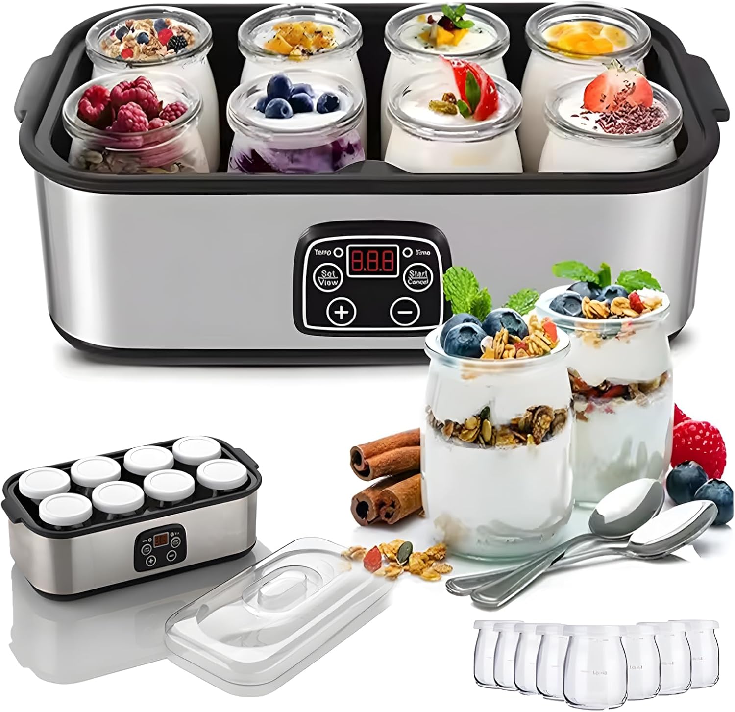 Yogurt Maker with Thermostat, 60Z x 8 Glass Cups with LCD Display, 1400 Ml Electric Yogurt Maker Machine with Adjustable Temperature and Time Control, Ideal for Homemade Creations
