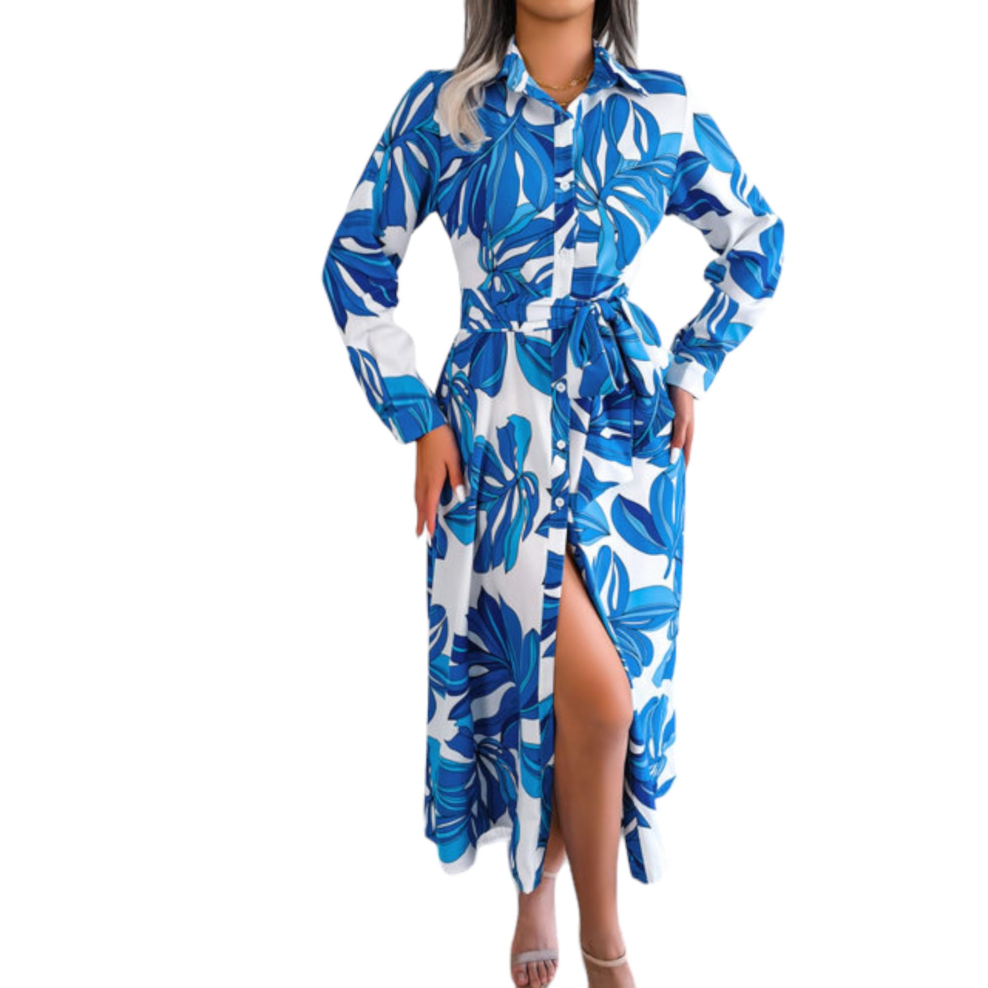Gufrina Women's Full Sleeve Collar Neck Western Dress - Floral Print Maxi Dress With Slit And Tie-Up Belt (Blue M)