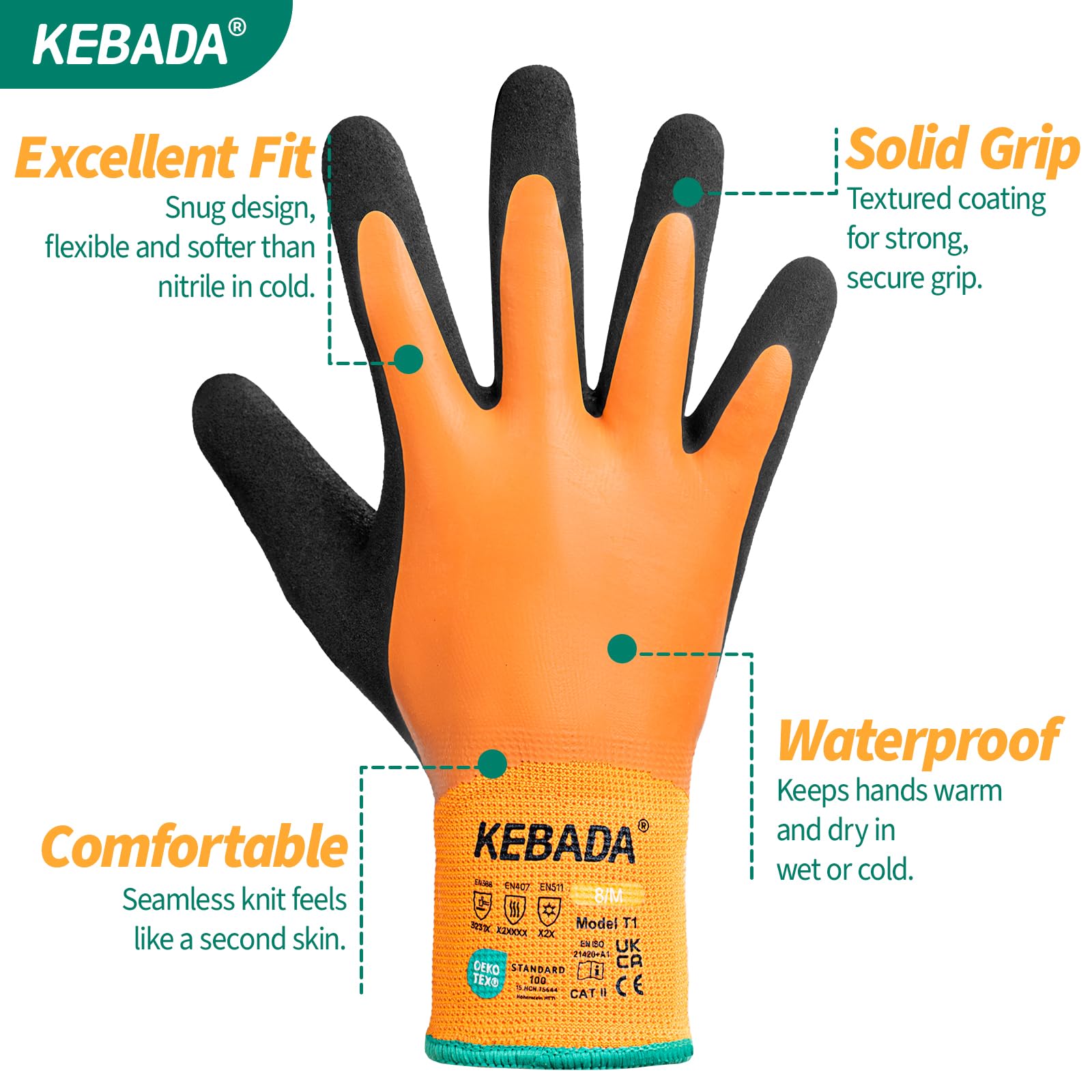 Kebada guantes de trabajo invierno unisex térmicos impermeables T1, 3 pares | Talla 9/L, hombre/mujer, forro cálido, palma de látex antideslizante para cámara fría, almacén, jardinería y frío exterior