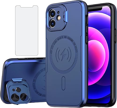 Asuwish Funda de teléfono para iPhone 12 6.1 con protector de pantalla de vidrio templado Magsafe y soporte delgado, accesorios móviles híbridos