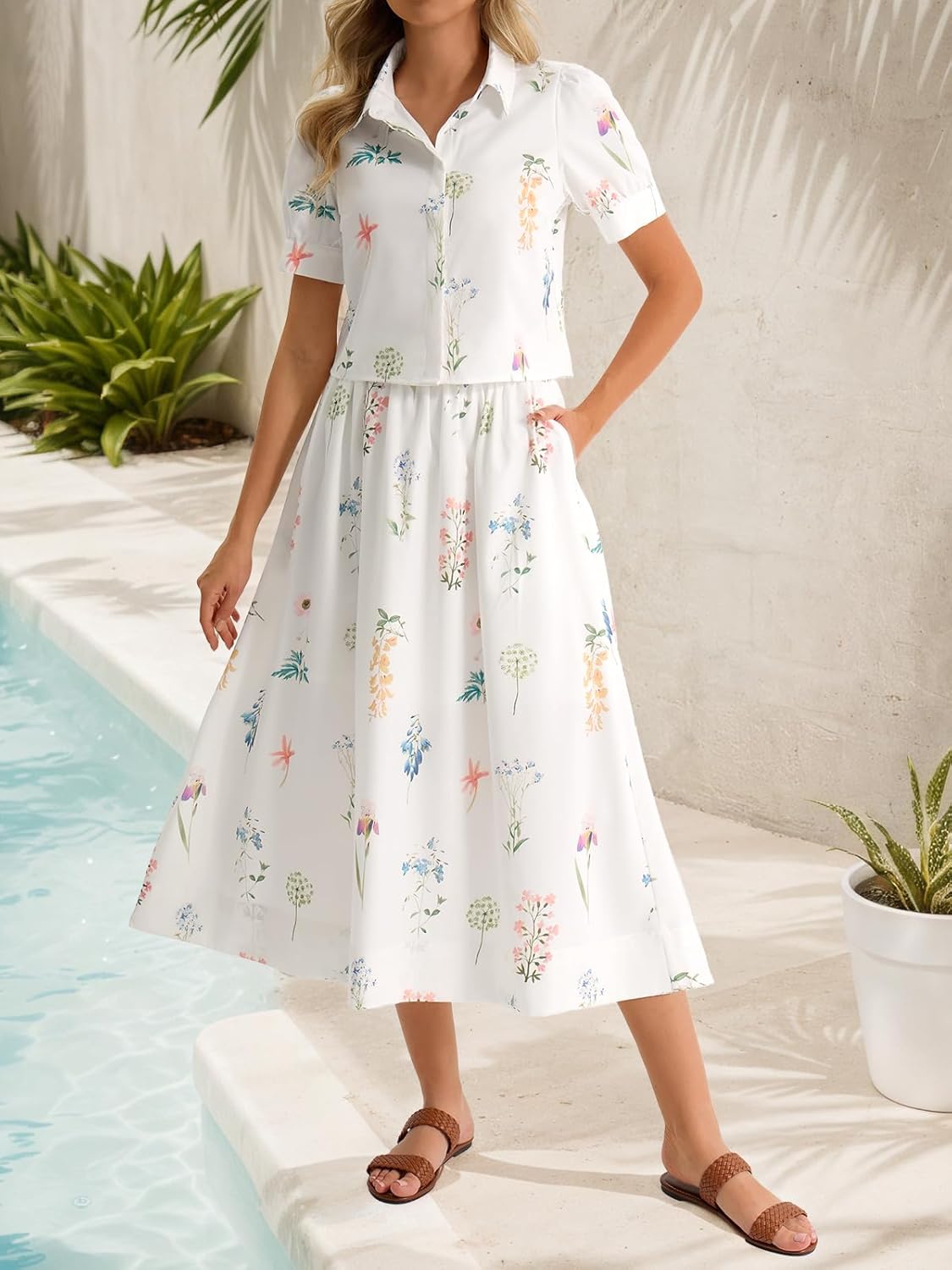 Tankaneo Womens Floral 2 Piece Skirt Set Summer Puff Sleeve Crop Blouse and Maxi Dress Outfits Matching Vacation Outfits - Image 5