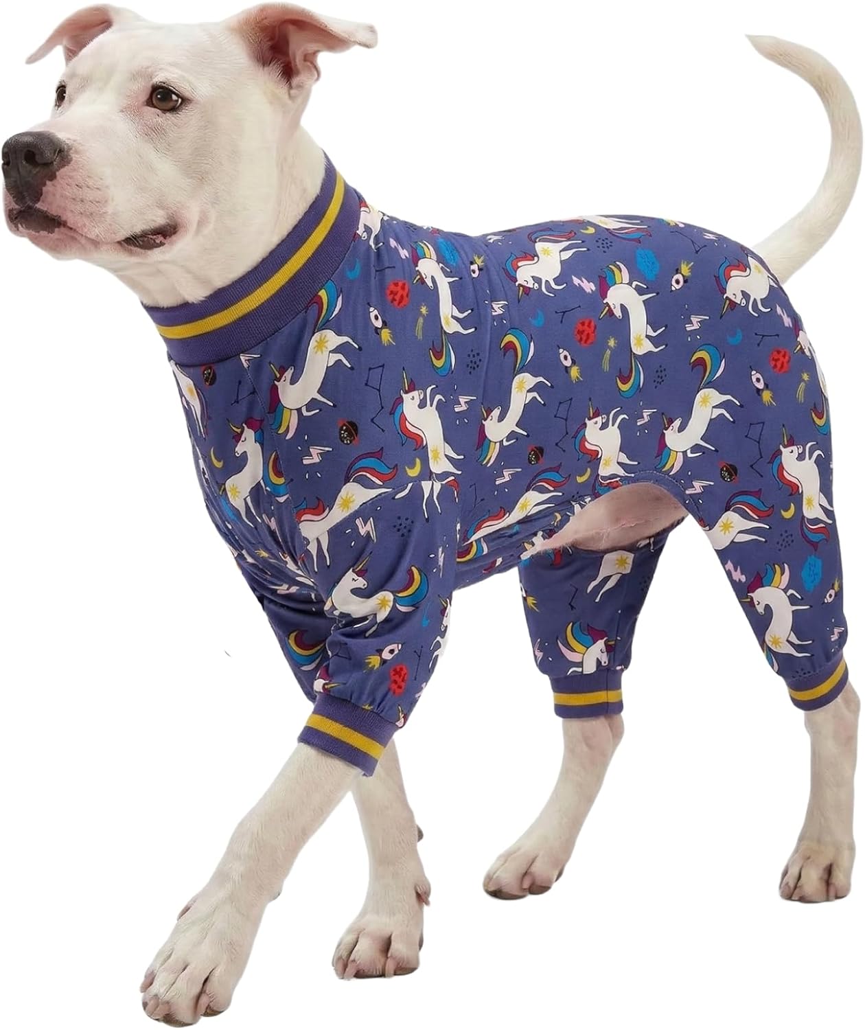 LovinPet Large Breed Dog Onesie Clothes, Slim Fit/Stretchy Knit, Unicorn Rocket Grey Print, Pet Anxiety Relief, Wound Care/Post Surgery Large Dog Shirt, UV Protection, Stop Shedding for Dogs, L