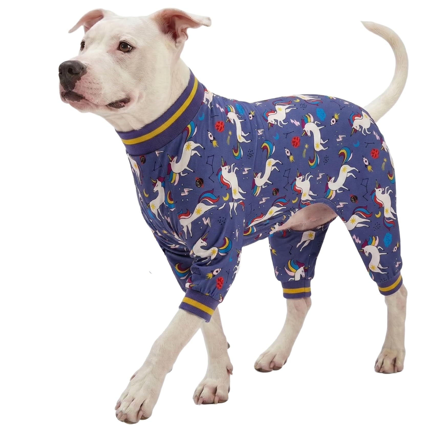 LovinPet Large Breed Dog Onesie Clothes, Slim Fit/Stretchy Knit, Unicorn Rocket Grey Print, Pet Anxiety Relief, Wound Care/Post Surgery Large Dog