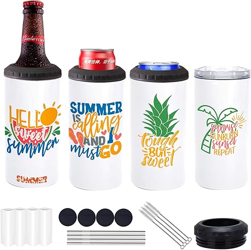 Paquete de 4 vasos de sublimación en blanco de 16 onzas delgadas 4 en 1 con 2 tapas de acero inoxidable con aislamiento de doble pared de acero