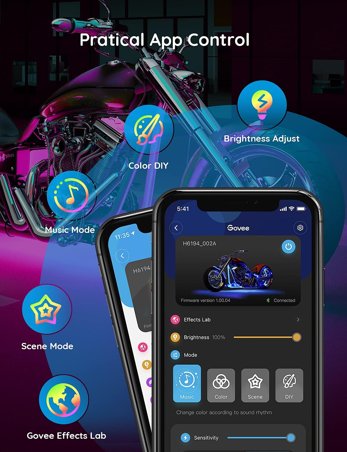 Govee Car Interior Lights Bundle with Govee RGB Motorcycle LED Light Kits 12 Pcs Music Sync & Multiple Scene Modes : Automotive