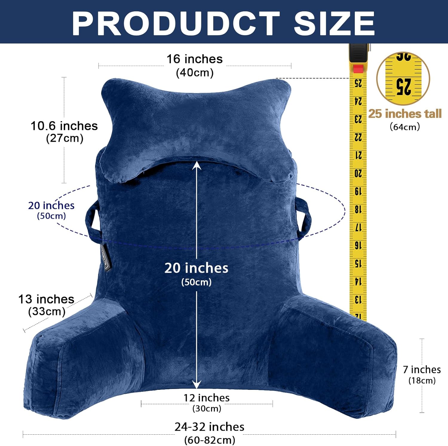 SLIGUY Reading Pillow-Bed Rest Pillow with Detachable Neck Roll & Higher Support Arm for Sitting in Bed Couch or Floor-Backrest Reading Pillow Adult Back Pillow for Reading/Watching TV/Gaming,Blue